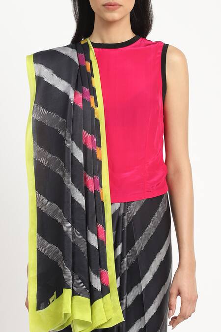 Buy_Satya Paul_Blue Silk, Georgette, Satin Across The Hedges Saree With Unstitched Blouse Piece 