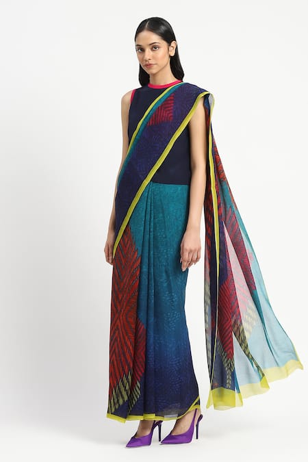 Satya Paul Blue Silk Chiffon Print Chevron Druids Duty Saree With Unstitched Blouse Piece 