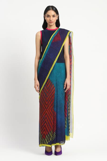 Satya Paul_Blue Silk, Chiffon Druids Duty Printed Saree With Unstitched Blouse Piece _Online_at_Aza_Fashions