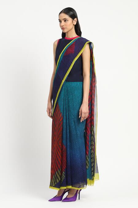 Buy_Satya Paul_Blue Silk, Chiffon Druids Duty Printed Saree With Unstitched Blouse Piece _Online_at_Aza_Fashions