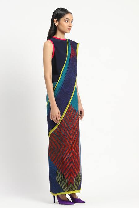 Shop_Satya Paul_Blue Silk, Chiffon Druids Duty Printed Saree With Unstitched Blouse Piece _Online_at_Aza_Fashions