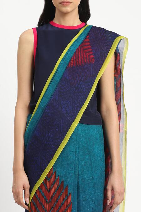 Satya Paul_Blue Silk, Chiffon Druids Duty Printed Saree With Unstitched Blouse Piece _at_Aza_Fashions