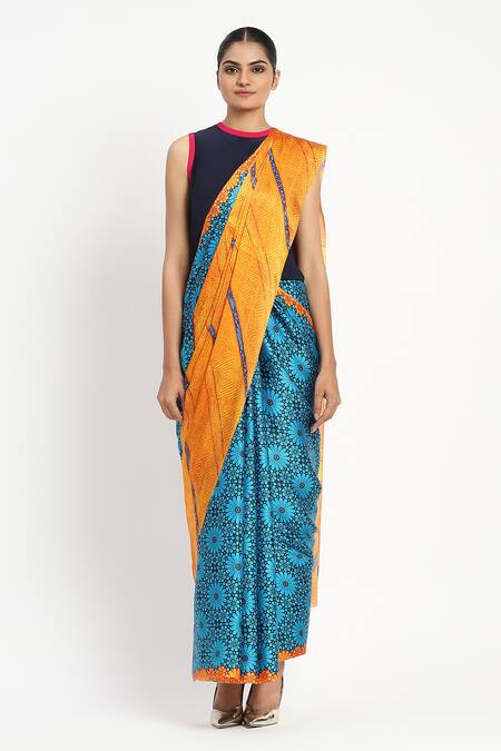 Satya Paul_Blue Silk, Georgette, Science Of Life Printed Saree With Unstitched Blouse Piece _Online_at_Aza_Fashions
