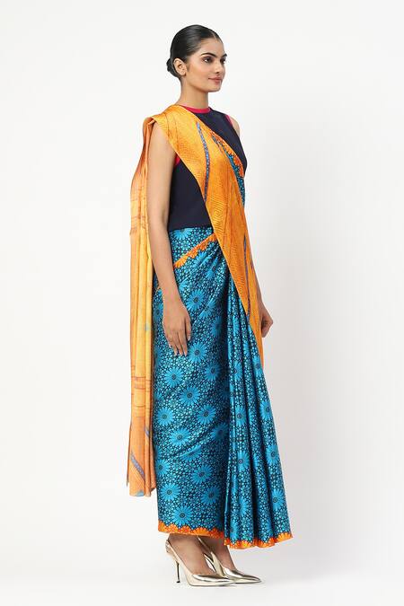 Buy_Satya Paul_Blue Silk, Georgette, Science Of Life Printed Saree With Unstitched Blouse Piece _Online_at_Aza_Fashions