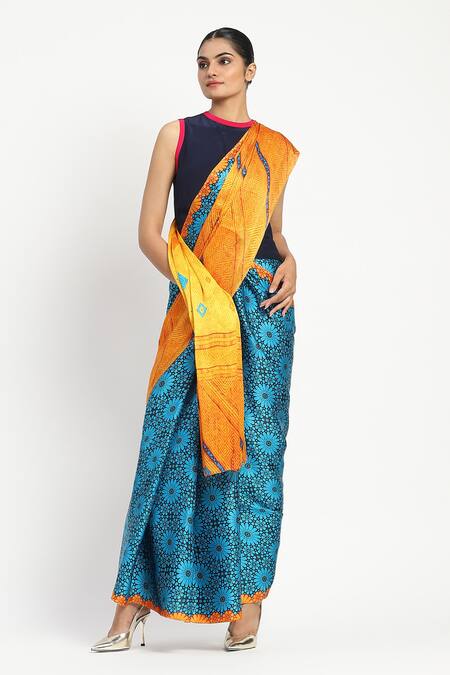 Shop_Satya Paul_Blue Silk, Georgette, Science Of Life Printed Saree With Unstitched Blouse Piece _Online_at_Aza_Fashions