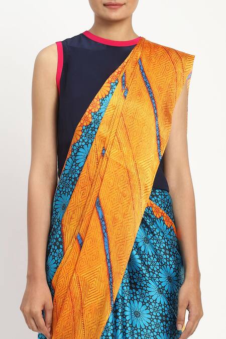 Satya Paul_Blue Silk, Georgette, Science Of Life Printed Saree With Unstitched Blouse Piece _at_Aza_Fashions