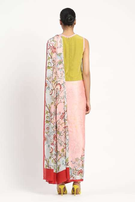 Satya Paul Floral Print Pink Saree With Blouse Piece 