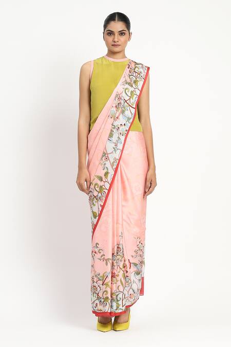 Satya Paul_Pink Silk, Georgette, Satin Beads Floral Print Saree With Blouse Piece _Online_at_Aza_Fashions