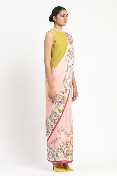 Buy_Satya Paul_Pink Silk, Georgette, Satin Beads Floral Print Saree With Blouse Piece _Online_at_Aza_Fashions