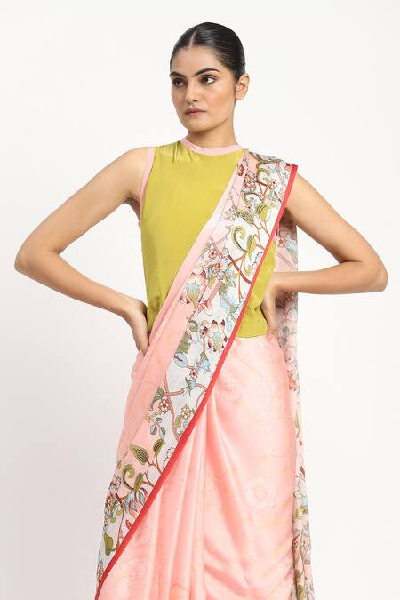 Shop_Satya Paul_Pink Silk, Georgette, Satin Beads Floral Print Saree With Blouse Piece _Online_at_Aza_Fashions
