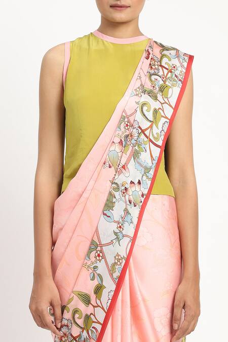 Satya Paul_Pink Silk, Georgette, Satin Beads Floral Print Saree With Blouse Piece _at_Aza_Fashions