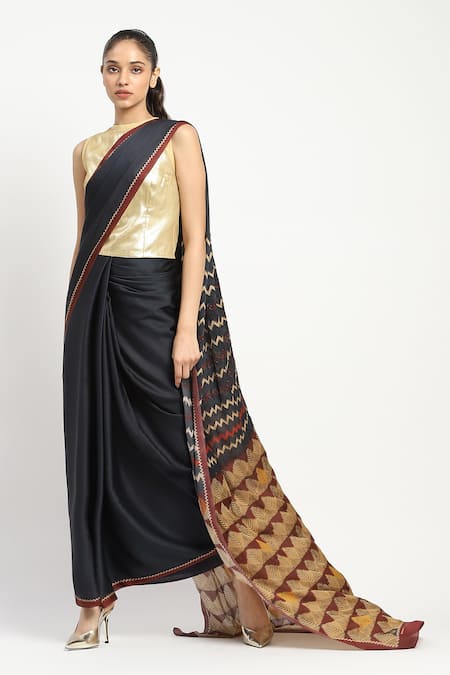 Satya Paul Blue Silk Georgette Razor Focus Embellished Saree With Unstitched Blouse Piece 