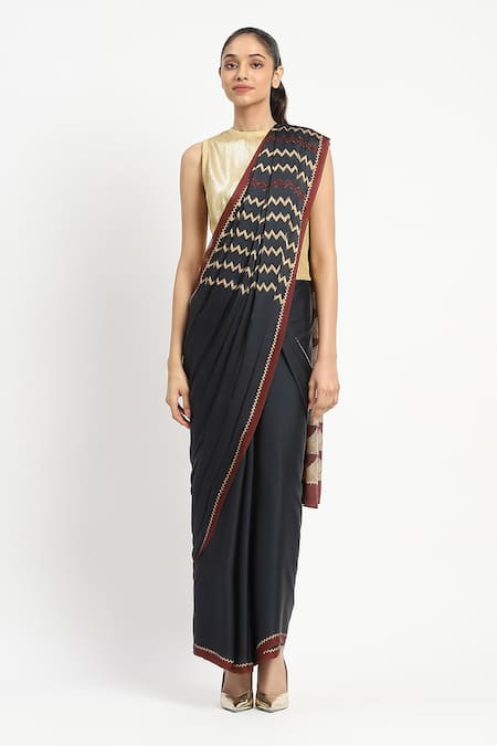 Satya Paul_Blue Silk, Georgette, Razor Focus Embellished Saree With Unstitched Blouse Piece _Online_at_Aza_Fashions