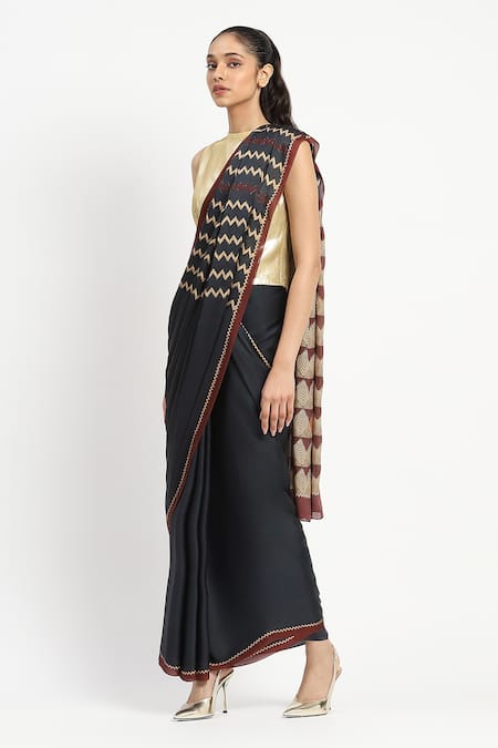 Buy_Satya Paul_Blue Silk, Georgette, Razor Focus Embellished Saree With Unstitched Blouse Piece _Online_at_Aza_Fashions