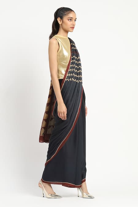 Shop_Satya Paul_Blue Silk, Georgette, Razor Focus Embellished Saree With Unstitched Blouse Piece _Online_at_Aza_Fashions