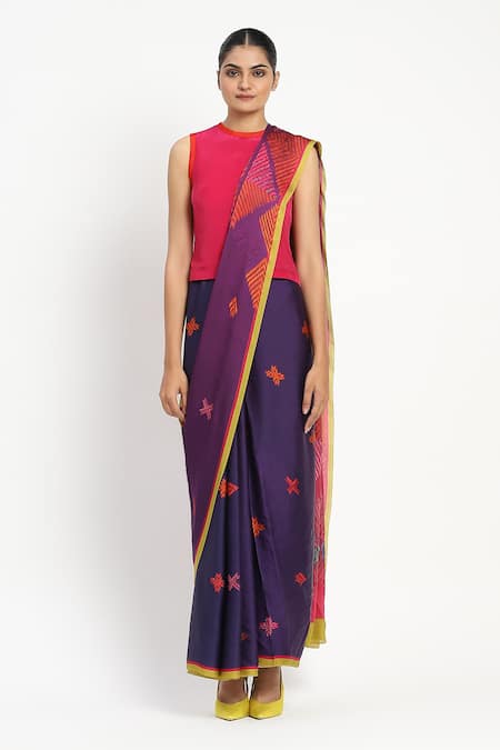 Satya Paul_Blue Silk, Law And Border Embellished Saree With Unstitched Blouse Piece _Online_at_Aza_Fashions