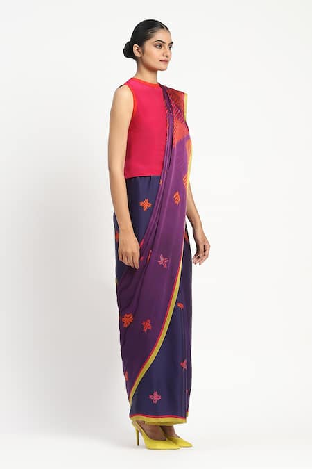 Shop_Satya Paul_Blue Silk, Law And Border Embellished Saree With Unstitched Blouse Piece _Online_at_Aza_Fashions