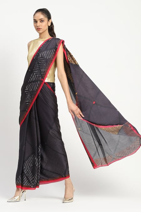 Satya Paul Black Silk Georgette Acolyte Embellished Saree With Unstitched Blouse Piece 