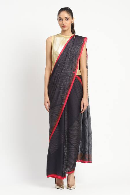 Satya Paul_Black Silk, Georgette, Acolyte Embellished Saree With Unstitched Blouse Piece _Online_at_Aza_Fashions
