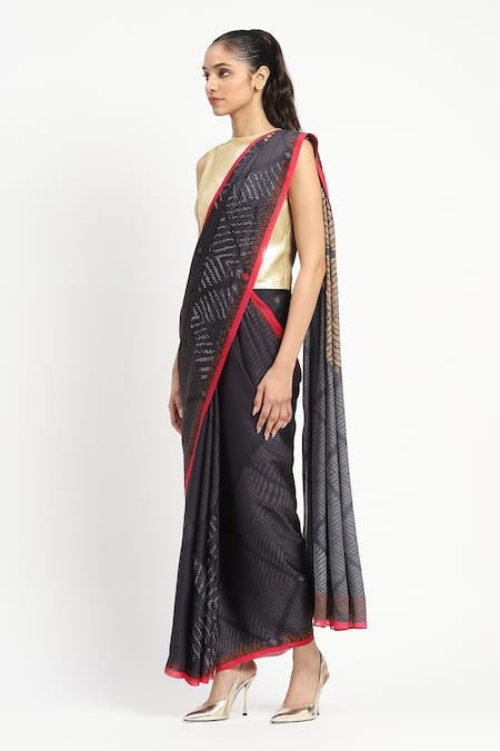 Buy_Satya Paul_Black Silk, Georgette, Acolyte Embellished Saree With Unstitched Blouse Piece _Online_at_Aza_Fashions