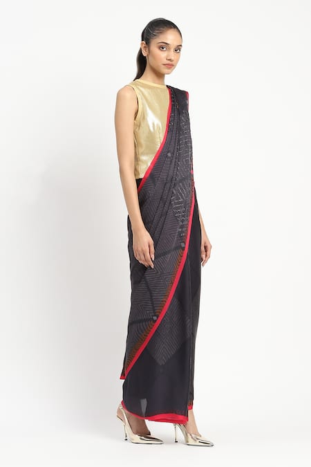 Shop_Satya Paul_Black Silk, Georgette, Acolyte Embellished Saree With Unstitched Blouse Piece _Online_at_Aza_Fashions