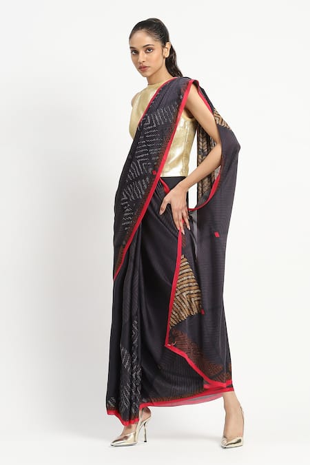 Satya Paul_Black Silk, Georgette, Acolyte Embellished Saree With Unstitched Blouse Piece _at_Aza_Fashions