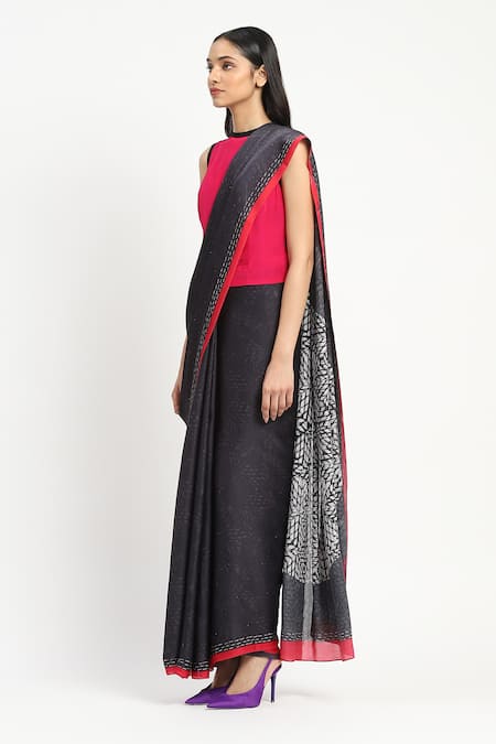 Buy_Satya Paul_Black Silk, Georgette, Satin Eris Embellished Saree With Unstitched Blouse Piece _Online_at_Aza_Fashions