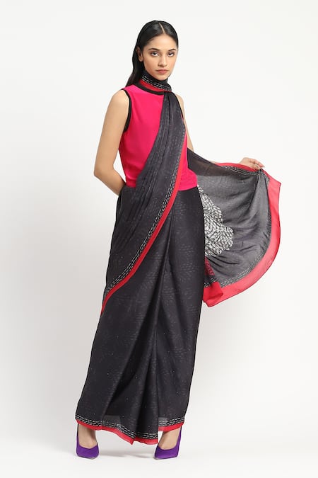 Satya Paul_Black Silk, Georgette, Satin Eris Embellished Saree With Unstitched Blouse Piece _at_Aza_Fashions