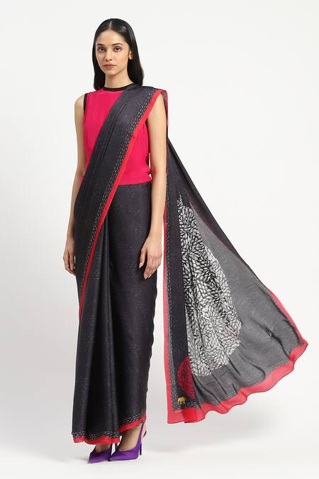 Buy_Satya Paul_Black Silk, Georgette, Satin Eris Embellished Saree With Unstitched Blouse Piece 