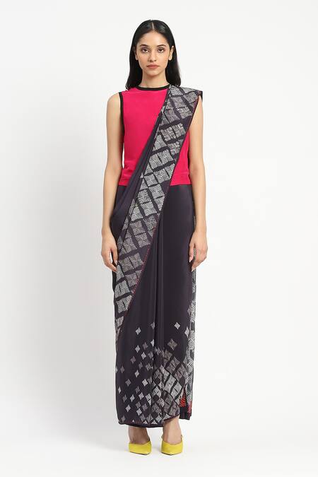 Satya Paul_Black Silk, Crepe Crystals Nyx Embellished Saree With Unstitched Blouse Piece _Online_at_Aza_Fashions