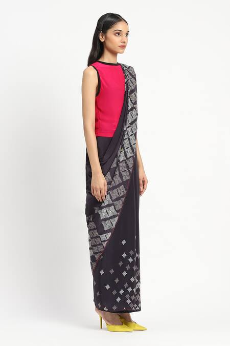 Buy_Satya Paul_Black Silk, Crepe Crystals Nyx Embellished Saree With Unstitched Blouse Piece _Online_at_Aza_Fashions