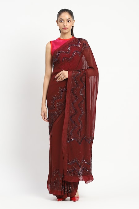 Satya Paul Scarlet Inquiry Embroidered Saree With Unstitched Blouse Piece 