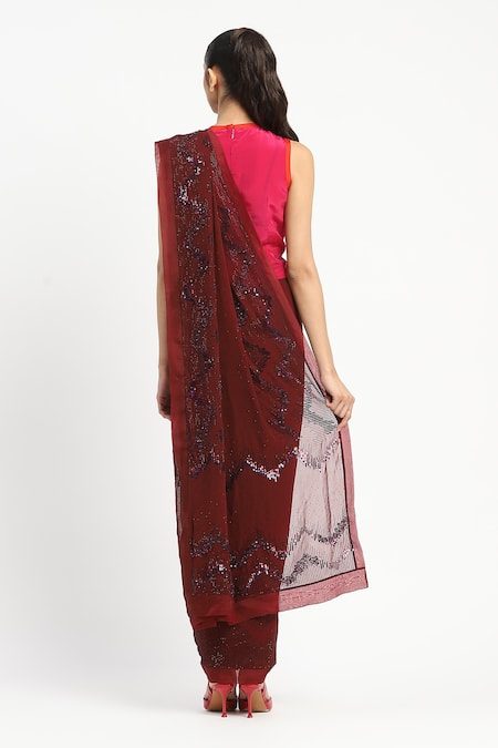 Satya Paul Scarlet Inquiry Embroidered Saree With Unstitched Blouse Piece 