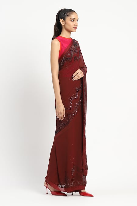 Buy_Satya Paul_Red Viscose, Scarlet Inquiry Embroidered Saree With Unstitched Blouse Piece _Online_at_Aza_Fashions