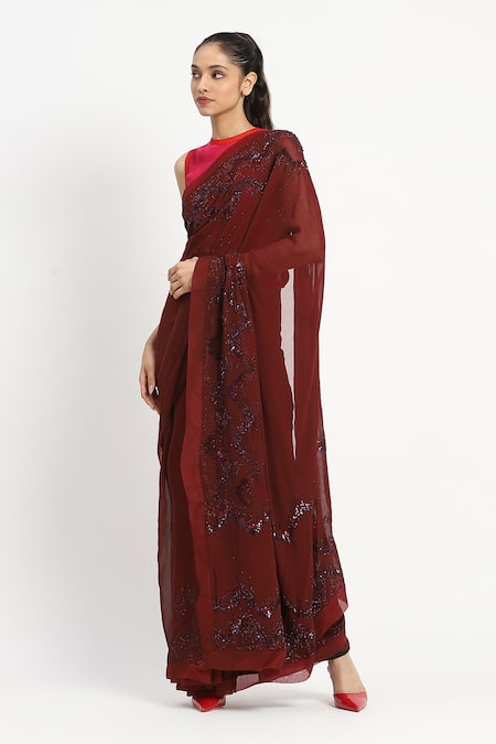 Shop_Satya Paul_Red Viscose, Scarlet Inquiry Embroidered Saree With Unstitched Blouse Piece _Online_at_Aza_Fashions