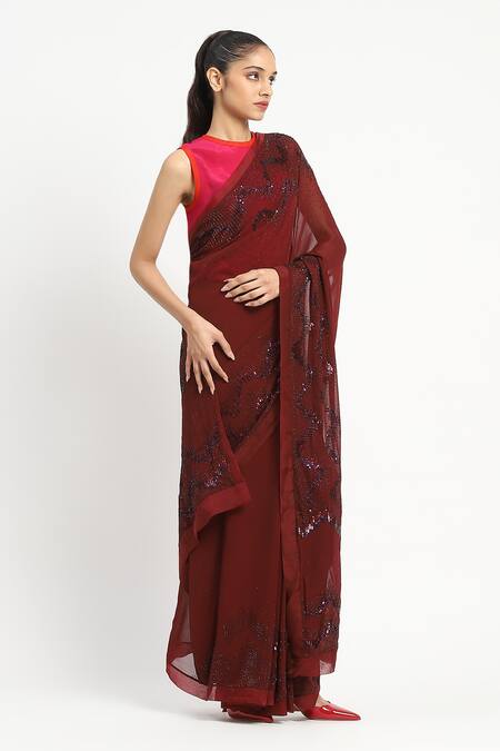 Satya Paul_Red Viscose, Scarlet Inquiry Embroidered Saree With Unstitched Blouse Piece _at_Aza_Fashions