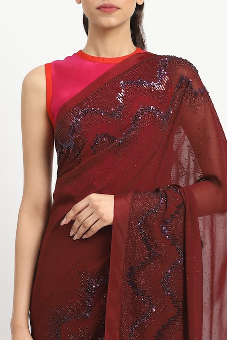 Buy_Satya Paul_Red Viscose, Scarlet Inquiry Embroidered Saree With Unstitched Blouse Piece 