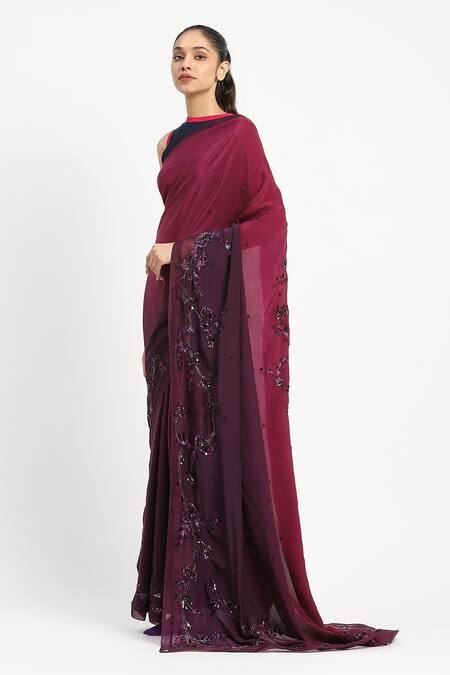 Satya Paul_Wine Viscose, Crepe Liquid Grace Embroidered Saree With Unstitched Blouse Piece _Online_at_Aza_Fashions