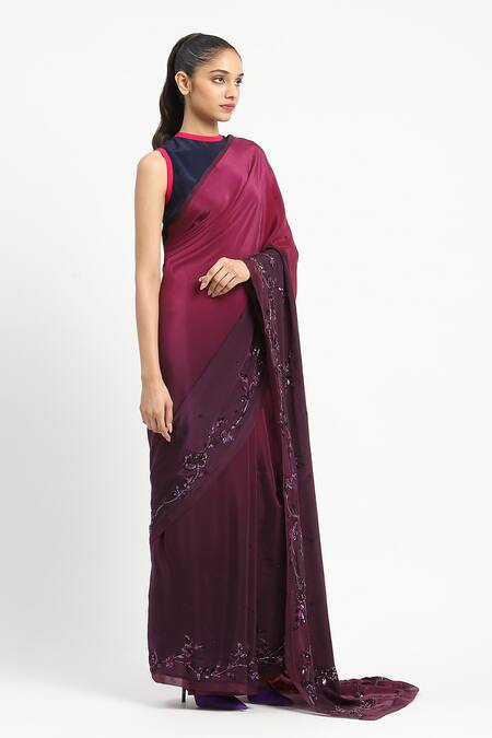 Buy_Satya Paul_Wine Viscose, Crepe Liquid Grace Embroidered Saree With Unstitched Blouse Piece _Online_at_Aza_Fashions