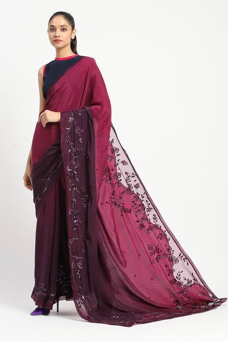Shop_Satya Paul_Wine Viscose, Crepe Liquid Grace Embroidered Saree With Unstitched Blouse Piece _Online_at_Aza_Fashions