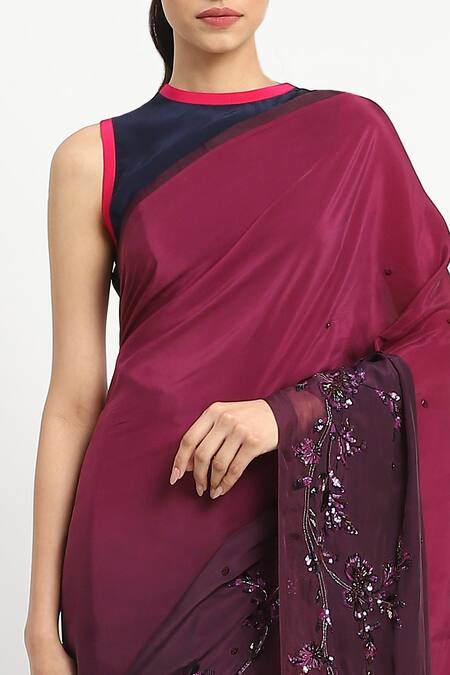 Satya Paul_Wine Viscose, Crepe Liquid Grace Embroidered Saree With Unstitched Blouse Piece _at_Aza_Fashions