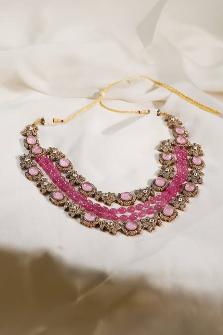 Shop_Amaara Jewels_Pink Stones Victorian Ornamentation Necklace Set_Online_at_Aza_Fashions