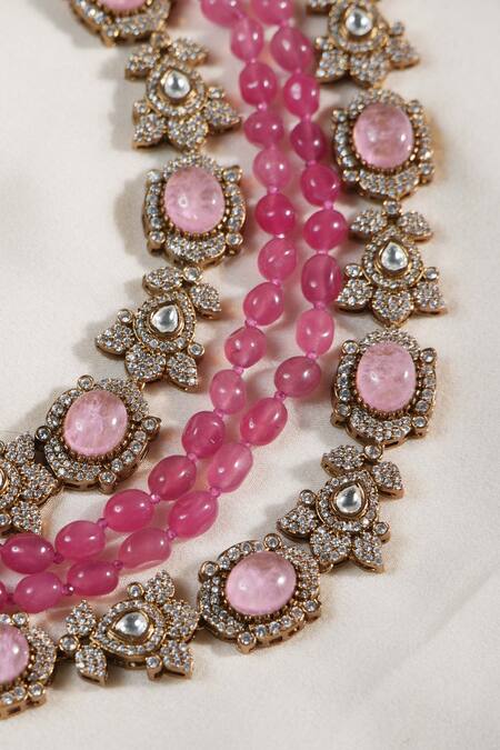 Amaara Jewels_Pink Stones Victorian Ornamentation Necklace Set_at_Aza_Fashions