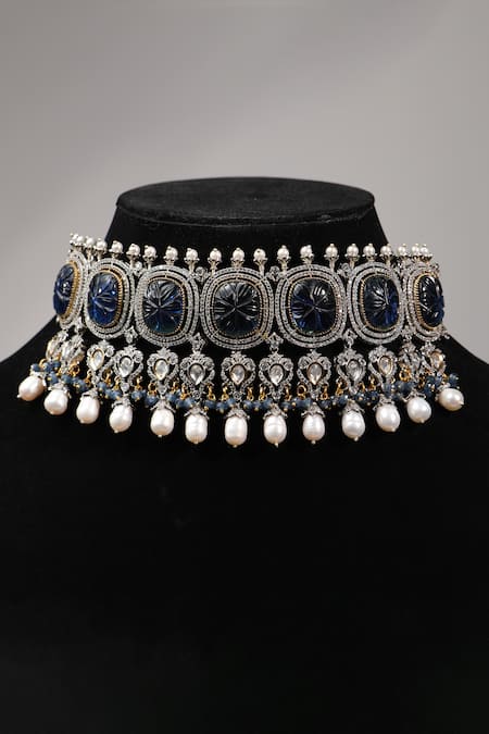 Amaara Jewels_Blue Pearls, Zari Carved Saphire Stone Embellished Choker Set _at_Aza_Fashions