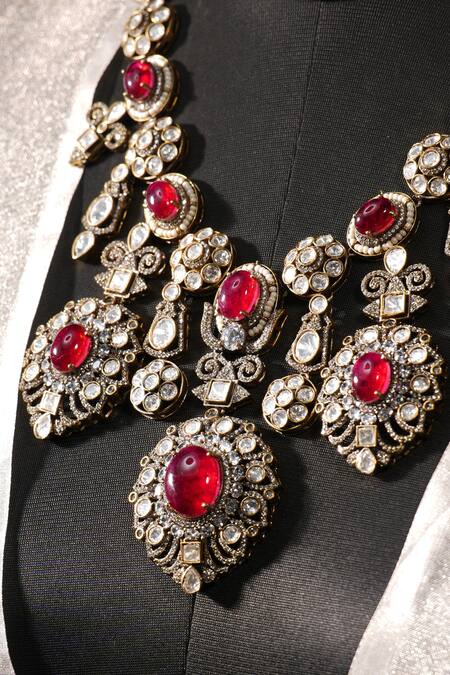 Buy_Amaara Jewels_Red Diamonds, Stones Tear Drop Carved Ruby Embellished Necklace Set_Online_at_Aza_Fashions