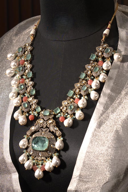 Shop Amaara Jewels Green Pearls, Stones Abstract Geometric Embellished Necklace Set at Aza Fashions Shop_Amaara Jewels_Green Pearls, Stones Abstract Geometric Embellished Necklace Set _at_Aza_Fashions