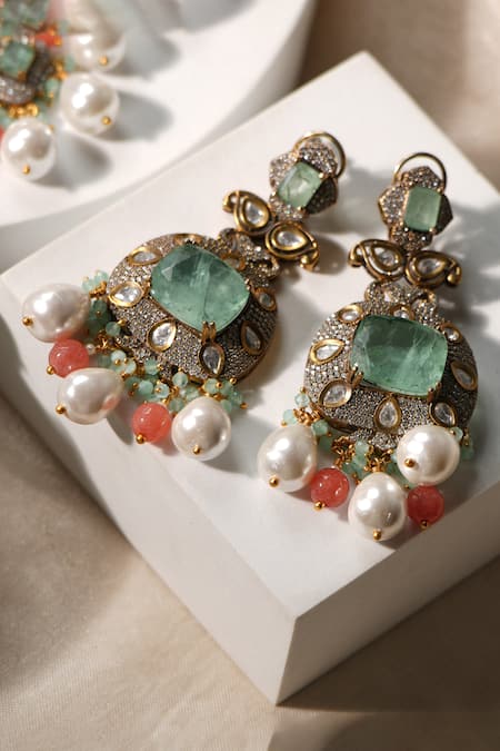 Buy_Amaara Jewels_Green Pearls, Stones Abstract Geometric Embellished Necklace Set _Online_at_Aza_Fashions