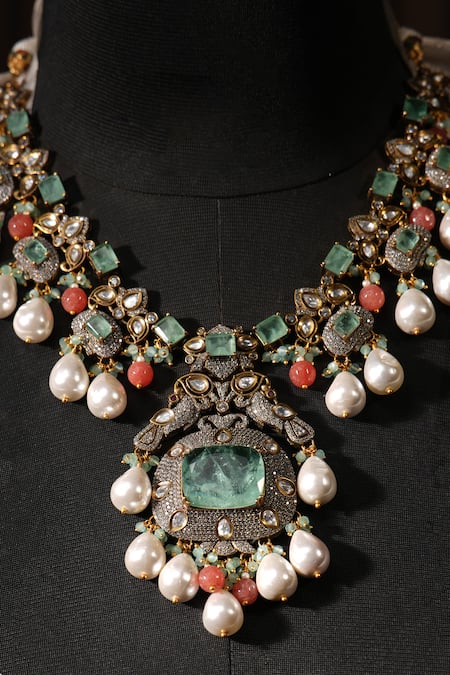 Shop_Amaara Jewels_Green Pearls, Stones Abstract Geometric Embellished Necklace Set _Online_at_Aza_Fashions