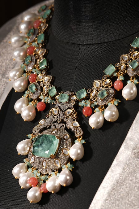 Amaara Jewels_Green Pearls, Stones Abstract Geometric Embellished Necklace Set _at_Aza_Fashions