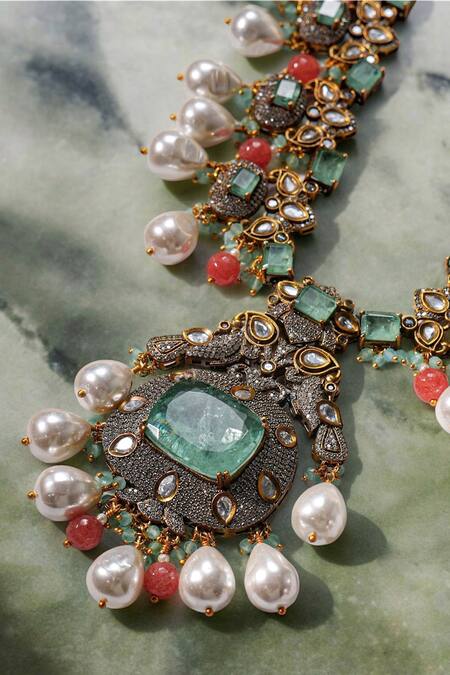 Shop Amaara Jewels Green Pearls, Stones Abstract Geometric Embellished Necklace Set Shop_Amaara Jewels_Green Pearls, Stones Abstract Geometric Embellished Necklace Set